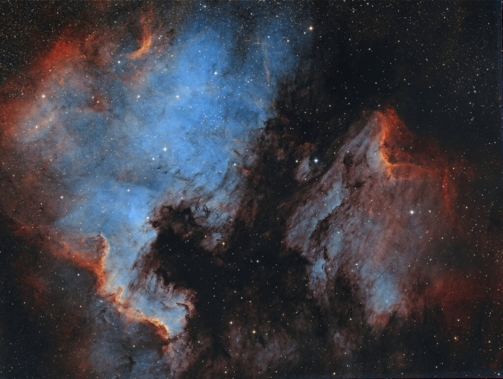 NGC7000 IC5070 | Camera: QSI683wsg-8 | Optics: AT92 | Ha 3nm: 19x1200" | Sii 3nm: 17x1200" | Oiii 3nm: 18x1200" | Total Integration 18h